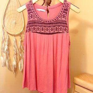 Coral, embroidered Maurice’s flowy top